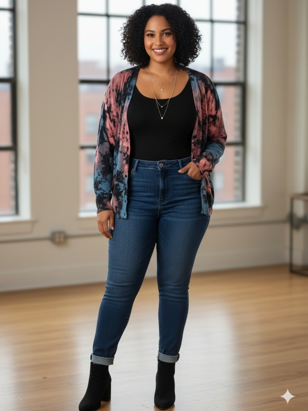 Colorful Tie Dye Pink and Black Abstract Print Cardigan
